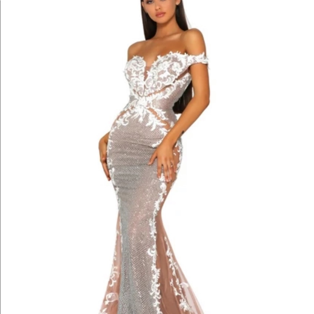 Portia and Scarlett silver nude gown